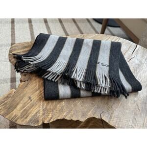 Paul Smith Wool Blend Fringe Gray Stripe Knit Neck Scarf